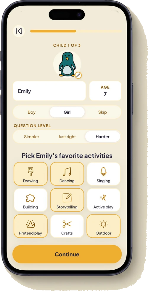 LONIO kid editor — name, age, gender, question difficulty and favorite activities for Emily